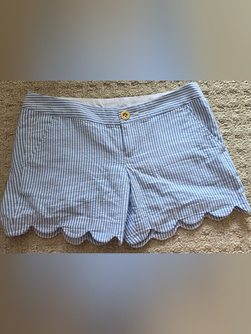 Lilly Pulitzer Blue White Seersucker Buttercup Scalloped Shorts Size 0